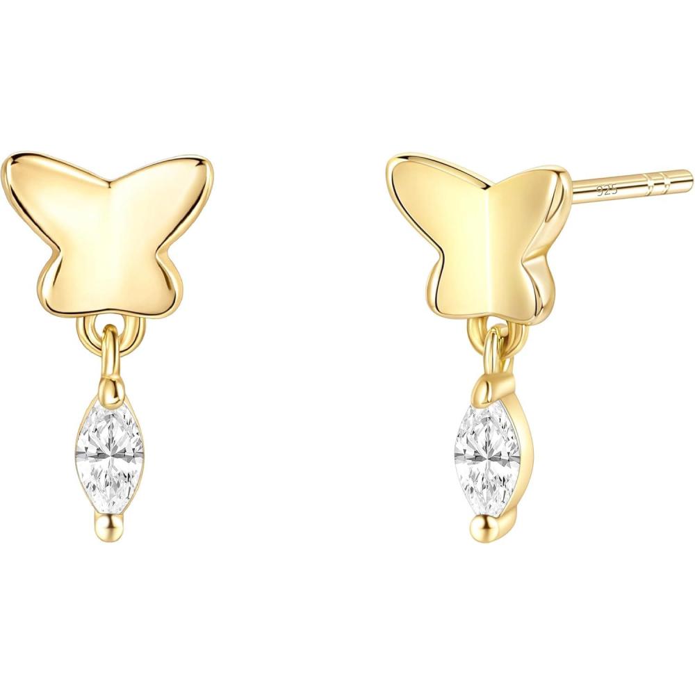 imageTIGRADE 14K Gold Plated Stud Earrings for Women Cubic Zirconia Dainty Dangle Earrings 925 Sterling Silver Post Hypoallergenic Small Cartilage PiercingGoldButterfly