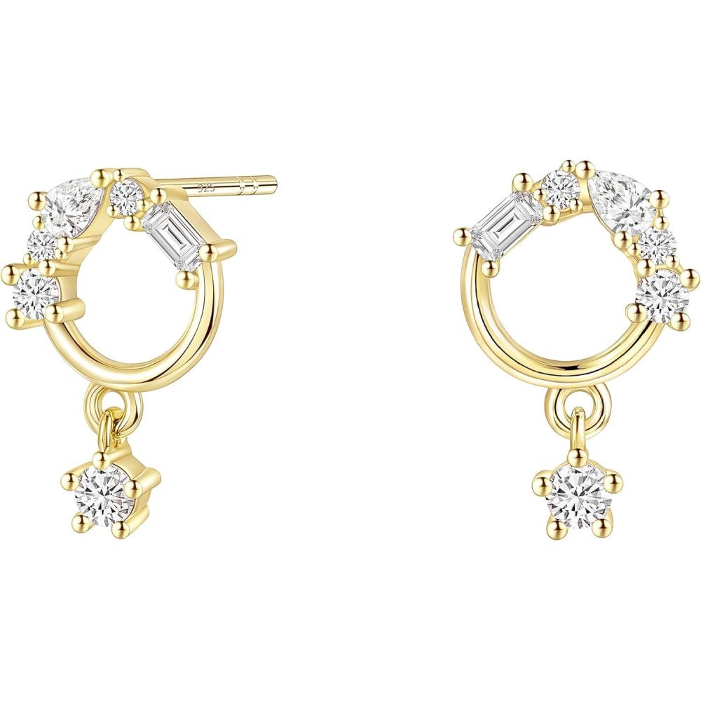 imageTIGRADE 14K Gold Plated Stud Earrings for Women Cubic Zirconia Dainty Dangle Earrings 925 Sterling Silver Post Hypoallergenic Small Cartilage PiercingGoldCircle
