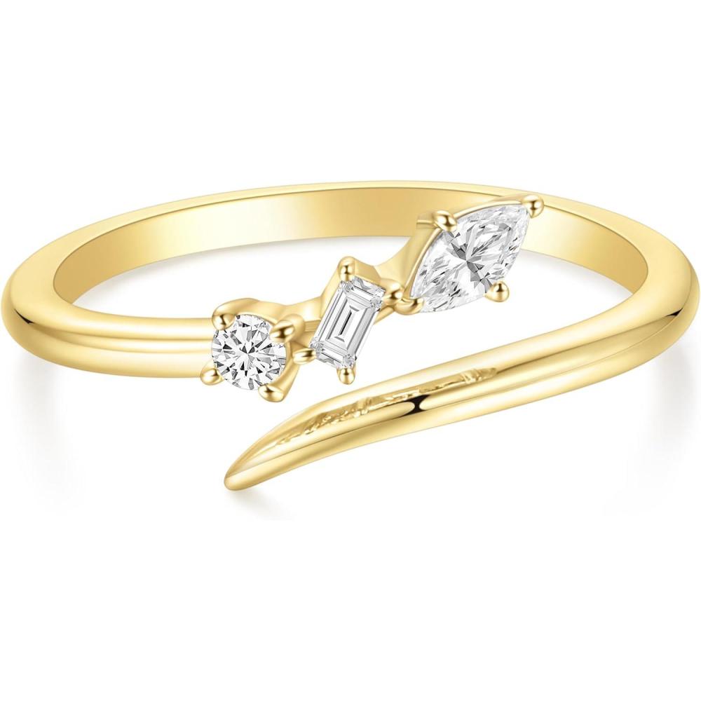 imageTIGRADE 14k Gold Plated Open Rings Dainty Baguette Marquise Round Cubic Zirconia Stackable Ring for Women Size 412
