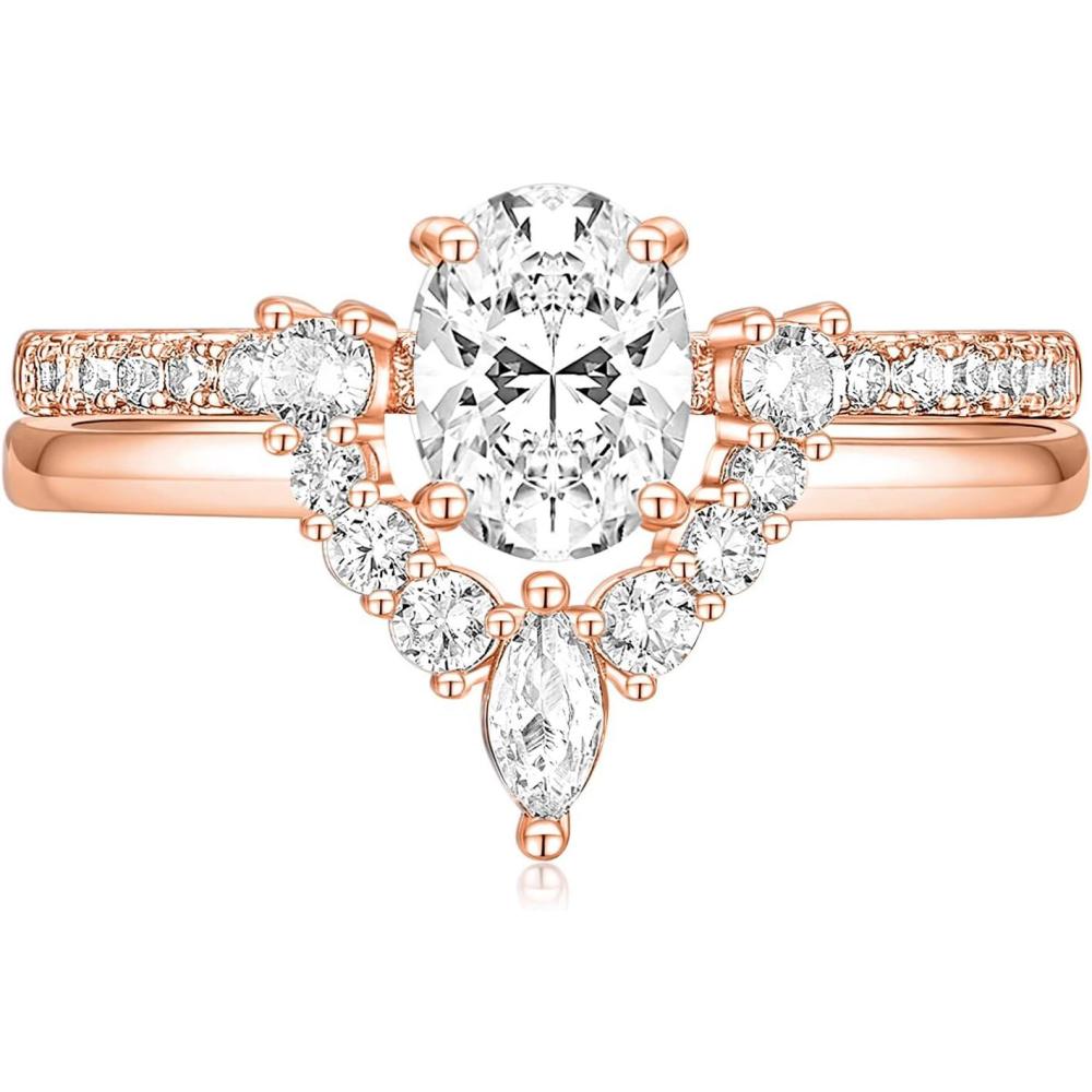 imageTIGRADE 15CT Bridal Ring Sets Oval Cut Cubic Zirconia Wedding Band Curved CZ Engagement Stackable Rings for Women Size 312Rose Gold