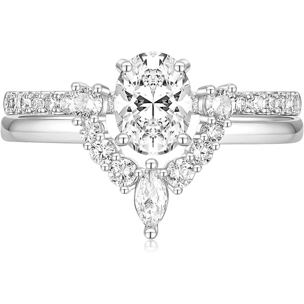 imageTIGRADE 15CT Bridal Ring Sets Oval Cut Cubic Zirconia Wedding Band Curved CZ Engagement Stackable Rings for Women Size 312Silver
