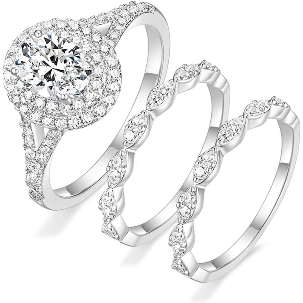 imageTIGRADE 15CT Bridal Ring Sets Oval Cut Cubic Zirconia Wedding Band Halo CZ Engagement for Women Size 3512Silver