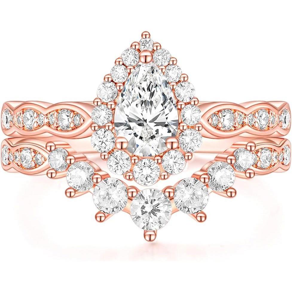 imageTIGRADE 1CT Bridal Ring Sets Teardrop Wedding Band Vintage Pear Cubic Zirconia Engagement Ring Halo CZ Promise Ring Gift for Women Size 3125Rose Gold
