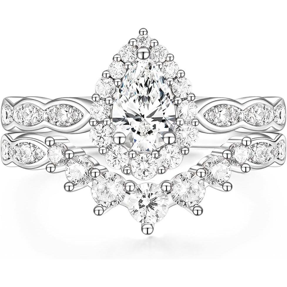 imageTIGRADE 1CT Bridal Ring Sets Teardrop Wedding Band Vintage Pear Cubic Zirconia Engagement Ring Halo CZ Promise Ring Gift for Women Size 3125Silver