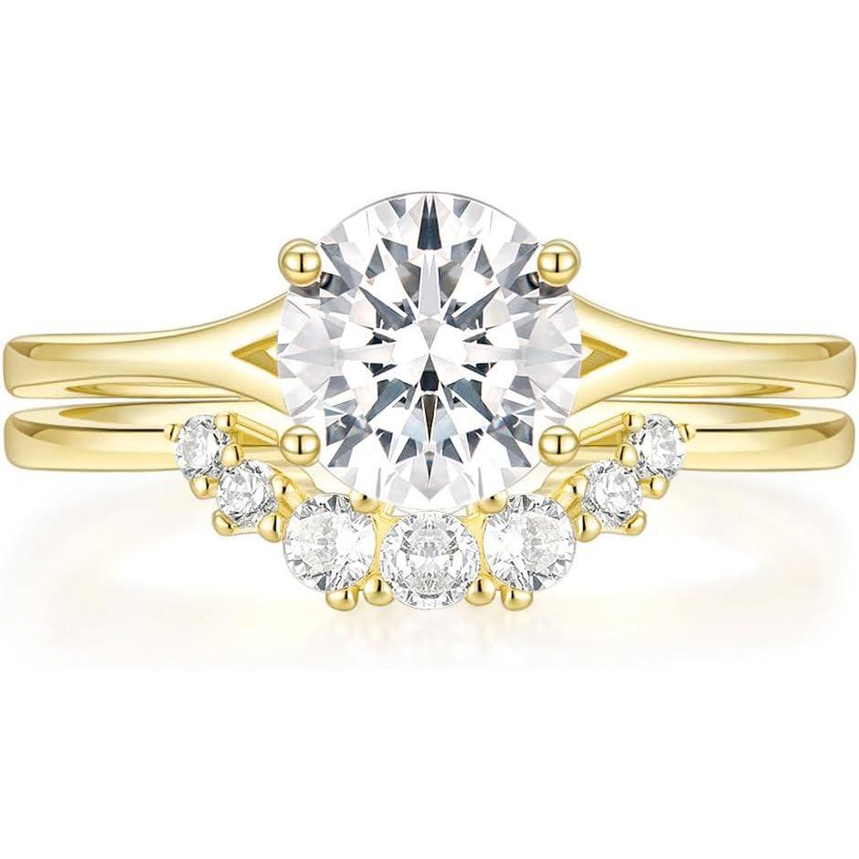 imageTIGRADE 2CT Cubic Zirconia Wedding Band for Women 14K Gold Plated CZ Promise Ring Curved Round Shaped Bridal Ring Sets Size 312Gold