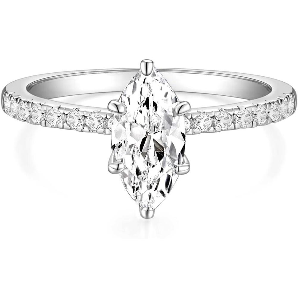 imageTIGRADE 2CT Engagement Ring for Women Marquise Cut Cubic Zirconia Wedding Band CZ Promise Anniversary Ring Size 312Silver