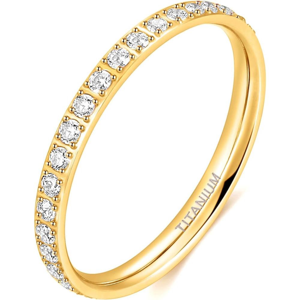 imageTIGRADE 2mm Women Titanium Eternity Ring Cubic Zirconia Anniversary Wedding Engagement Band Size 3135Gold