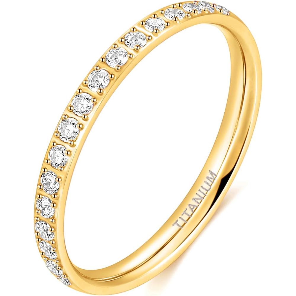 imageTIGRADE 2mm Women Titanium Eternity Ring Cubic Zirconia Anniversary Wedding Engagement Band Size 3135Goldhalf eternity
