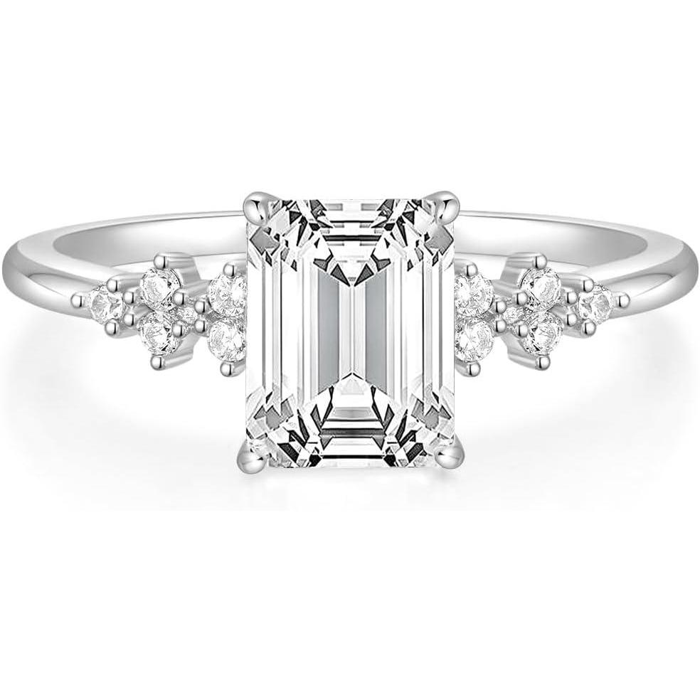 imageTIGRADE 3CT Engagement Ring for Women Emerald Cut Cubic Zirconia Promise Ring 14K Gold Plated CZ Eternity Wedding Band Size 311Silver