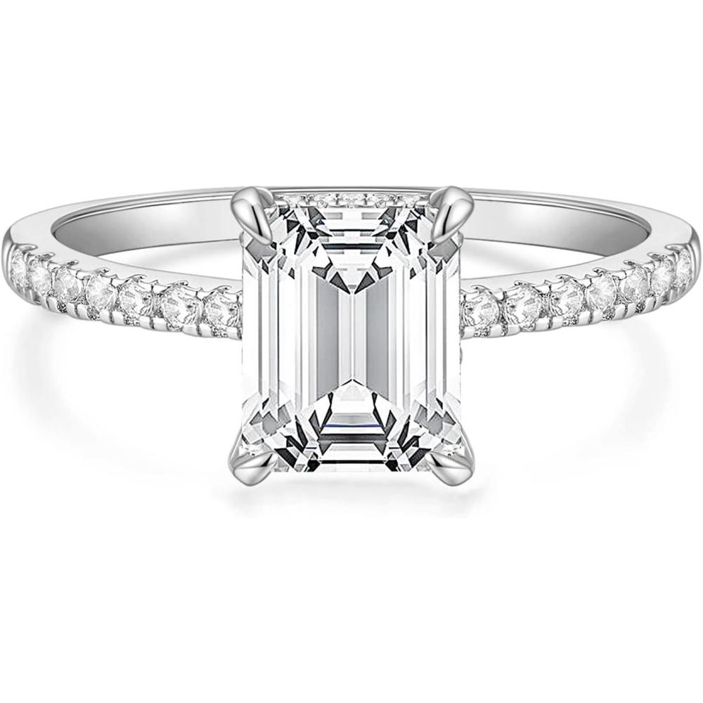 imageTIGRADE 3CT Engagement Ring for Women Emerald Cut Cubic Zirconia Wedding Band CZ Promise Wedding Ring Size 411Silver