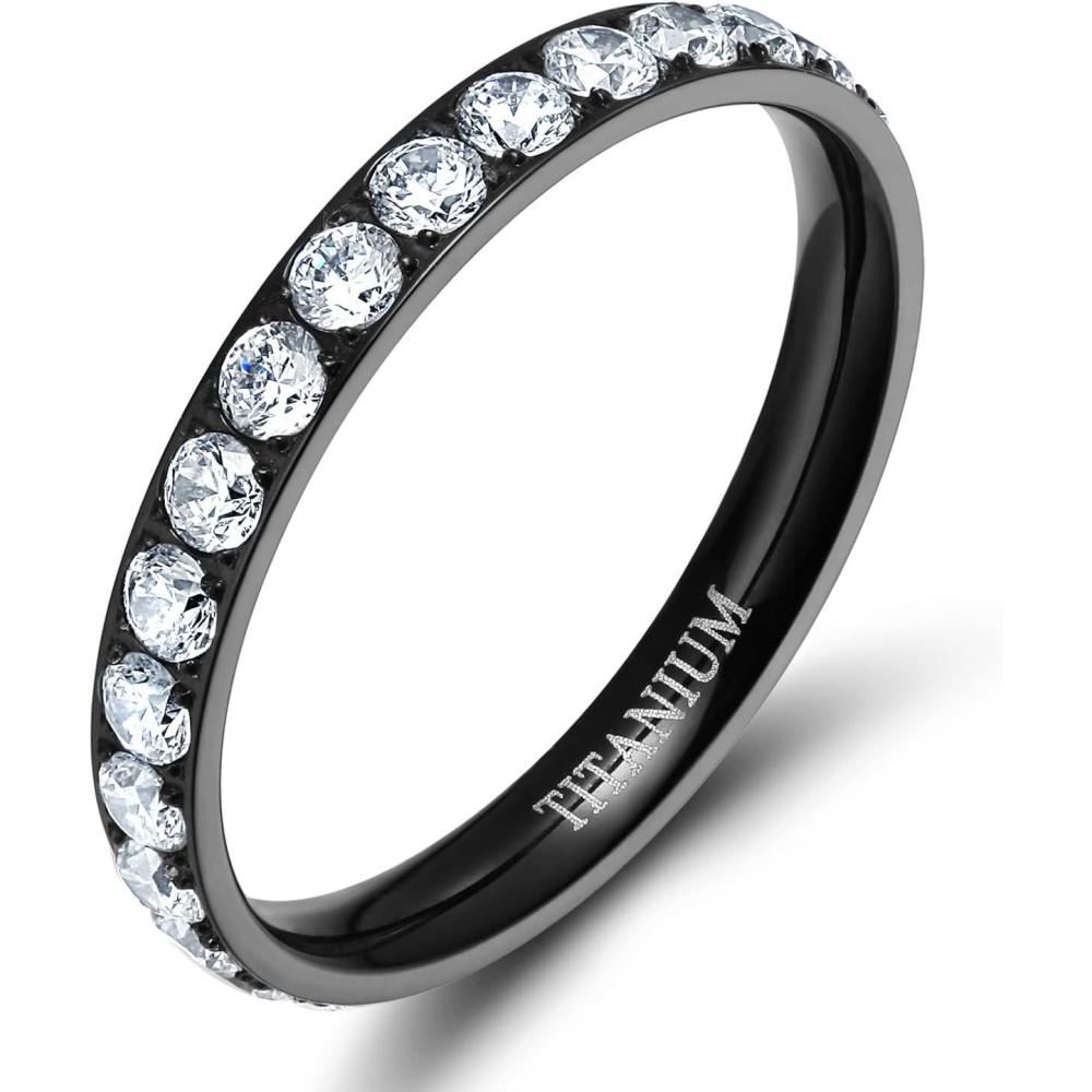 imageTIGRADE 3mm Women Titanium Engagement Ring Cubic Zirconia Eternity Wedding Band Size 3135Black
