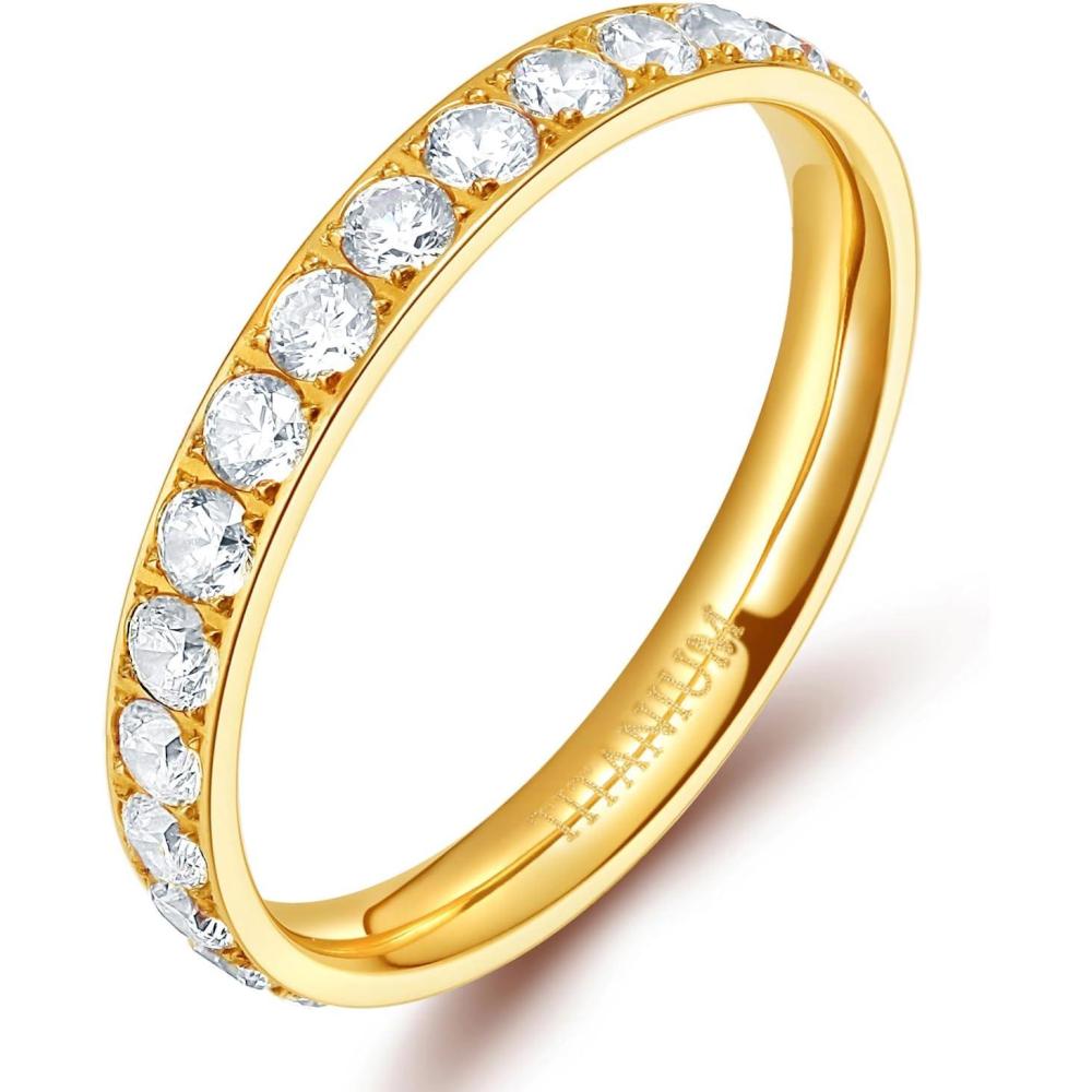 imageTIGRADE 3mm Women Titanium Engagement Ring Cubic Zirconia Eternity Wedding Band Size 3135Gold