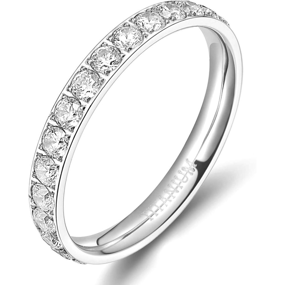 imageTIGRADE 3mm Women Titanium Engagement Ring Cubic Zirconia Eternity Wedding Band Size 3135Silver