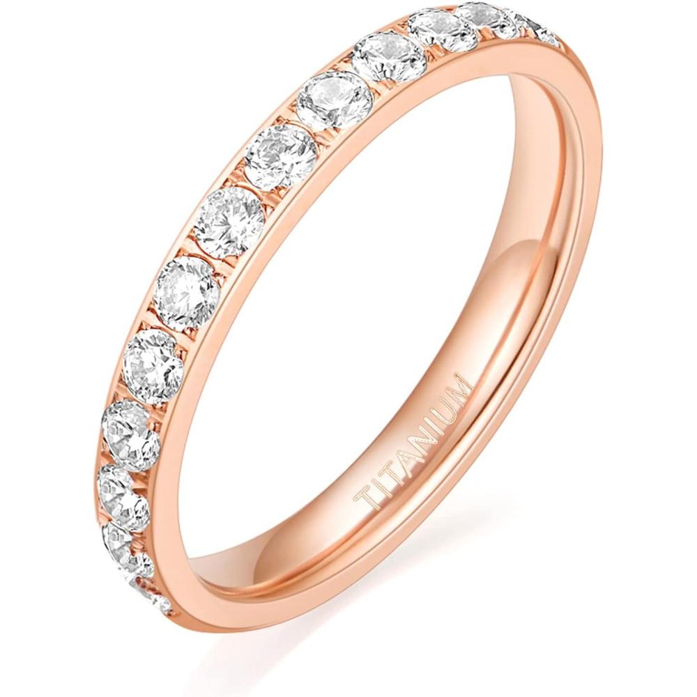 imageTIGRADE 3mm Women Titanium Engagement Ring Half Cubic Zirconia Eternity Wedding Band Size 313Rose Gold