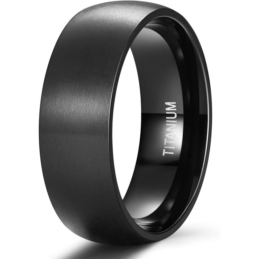 imageTIGRADE 4mm 6mm 8mm Titanium Ring Brushed Dome Silver Wedding Band Comfort Fit Size 4145Black 8mm
