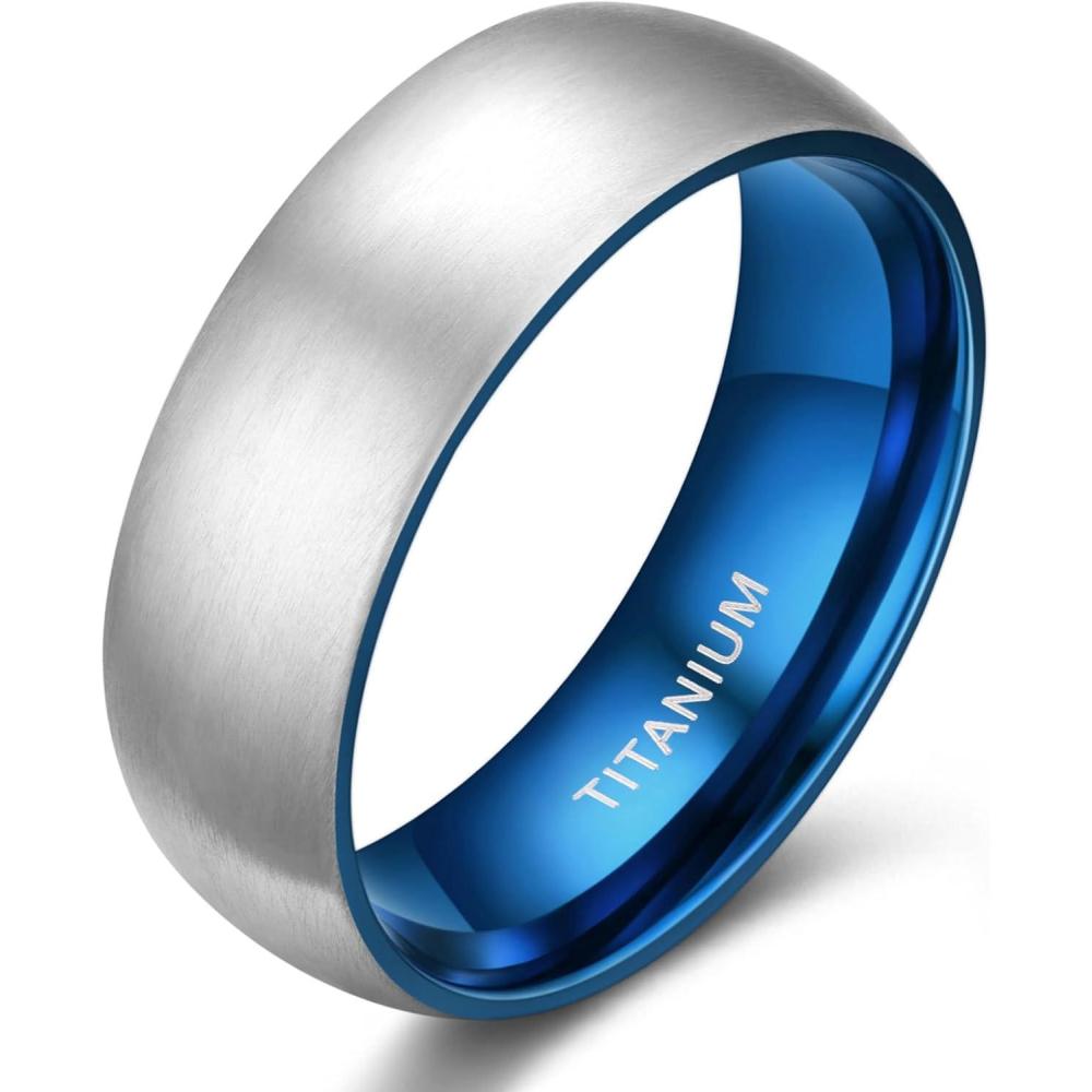 imageTIGRADE 4mm 6mm 8mm Titanium Ring Brushed Dome Silver Wedding Band Comfort Fit Size 4145SilverBlue 8mm