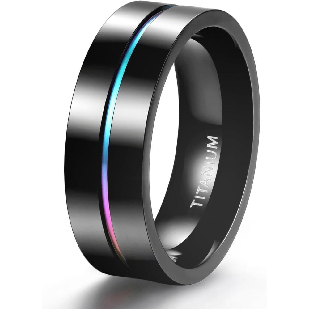 imageTIGRADE 5mm 7mm 9mm Rainbow Titanium Ring Colorful Thin Groove Wedding Band Couple Rings for Women Men Size 31457MM