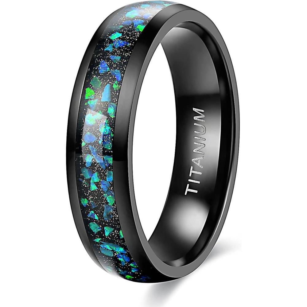 imageTIGRADE 6MM 8MM Black Titanium Ring with Opal Inlay for Men Women Dome Polished Wedding Ring Size 613