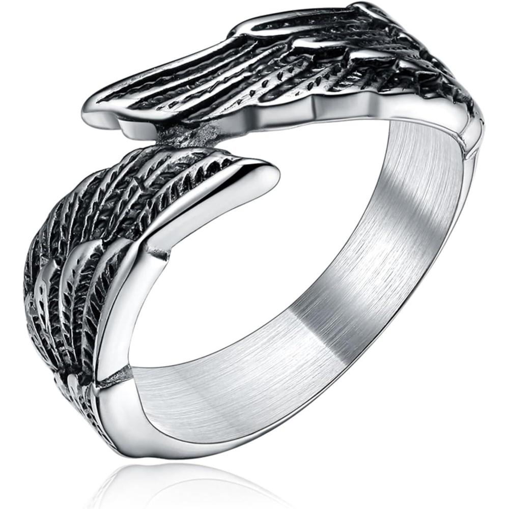 imageTIGRADE Antique Stainless Steel Ring Feather Angel Wing Cast Black Silver Band Size 45145Black