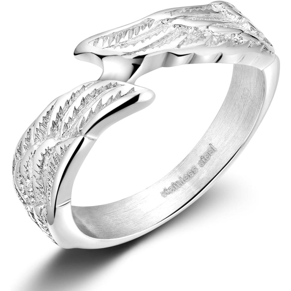 imageTIGRADE Antique Stainless Steel Ring Feather Angel Wing Cast Black Silver Band Size 45145Silver