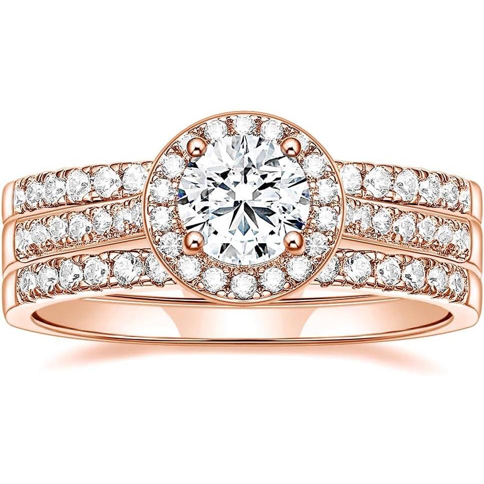 imageTIGRADE Engagement Ring for Women Cubic Zirconia CZ Eternity Promise Anniversary Wedding Band Size 411Rose Gold 1CT Halo Round Set