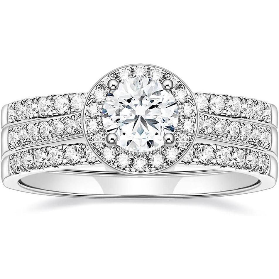 imageTIGRADE Engagement Ring for Women Cubic Zirconia CZ Eternity Promise Anniversary Wedding Band Size 411Silver1CT Halo Round Set