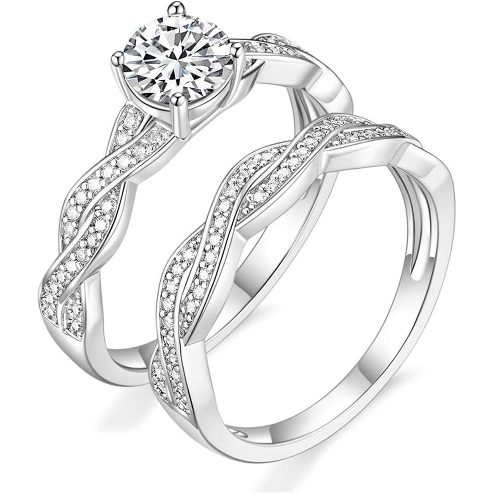 imageTIGRADE Engagement Ring for Women Cubic Zirconia CZ Eternity Promise Anniversary Wedding Band Size 411Silver1CT Round Set