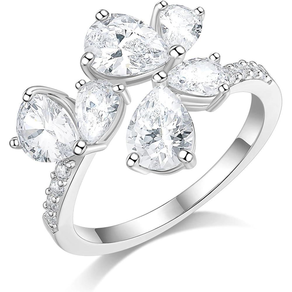 imageTIGRADE Engagement Ring for Women Cubic Zirconia CZ Eternity Promise Anniversary Wedding Band Size 411SilverTeardrop