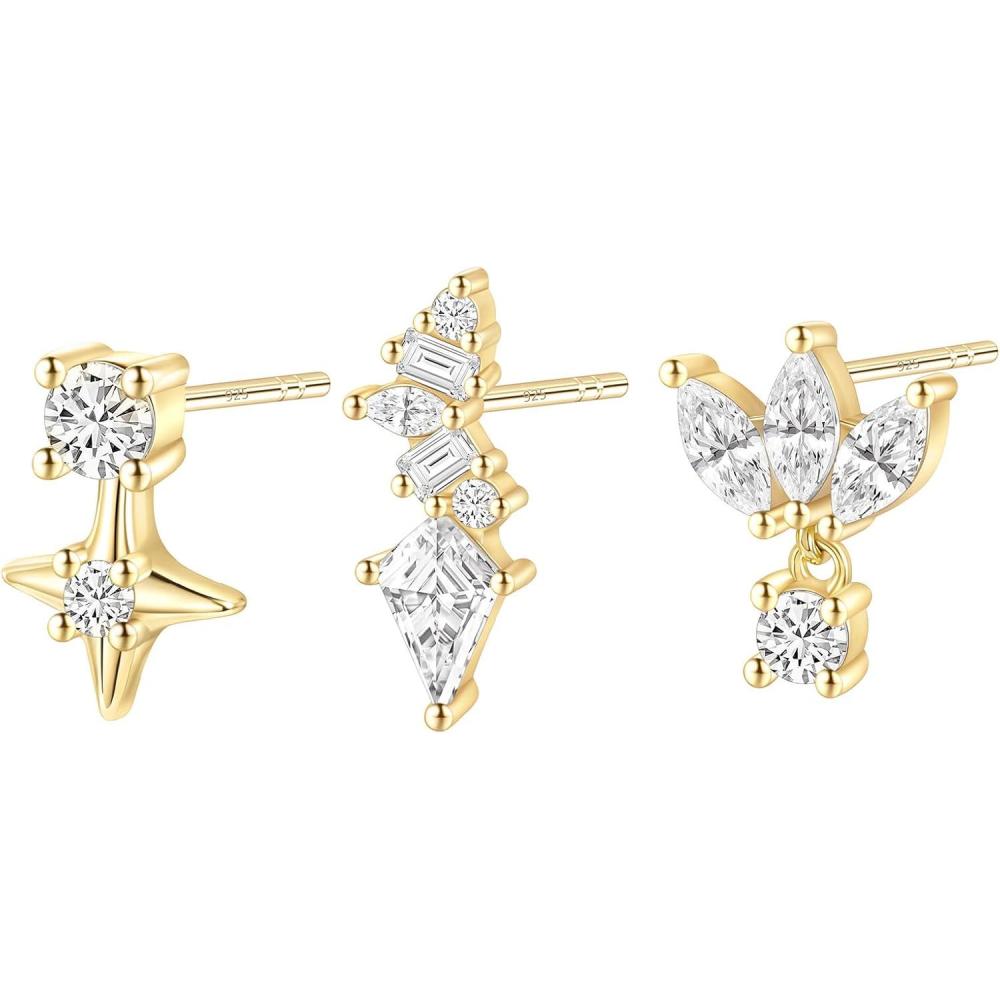 imageTIGRADE Stud Earrings Cubic Zirconia Dainty Small CZ Trendy Earrings 925 Sterling Silver Post Hypoallergenic for Women3 Pcs