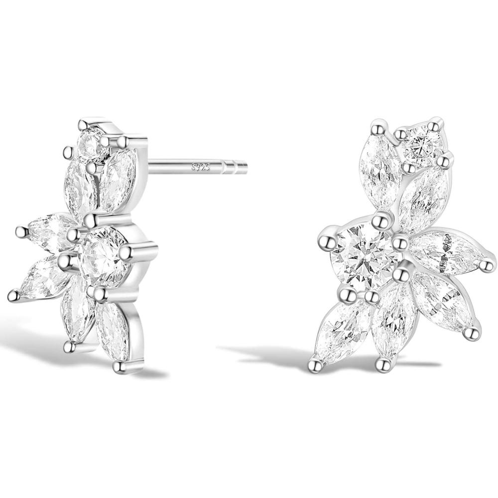 imageTIGRADE Stud Earrings Marquise and Round Cubic Zirconia Rhinestone Cluster Earrings 925 Sterling Silver Post Hypoallergenic for Women Brides BridesmaidSilver
