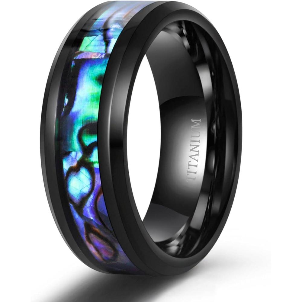 imageTIGRADE Titanium Rings 8MM Abalone Shell Wedding Bands Comfort Fit Matte for Men Women Size 614Black