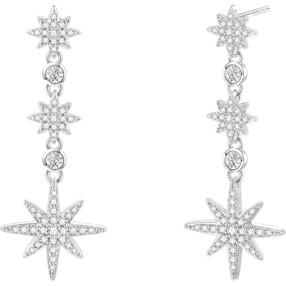 imageTIGRADE Wedding Earrings for Brides Bridesmaids Silver Star Hexagonal Snowflakes Dangling Cubic Zirconia 925 Sterling Silver Post Earrings for Women Prom