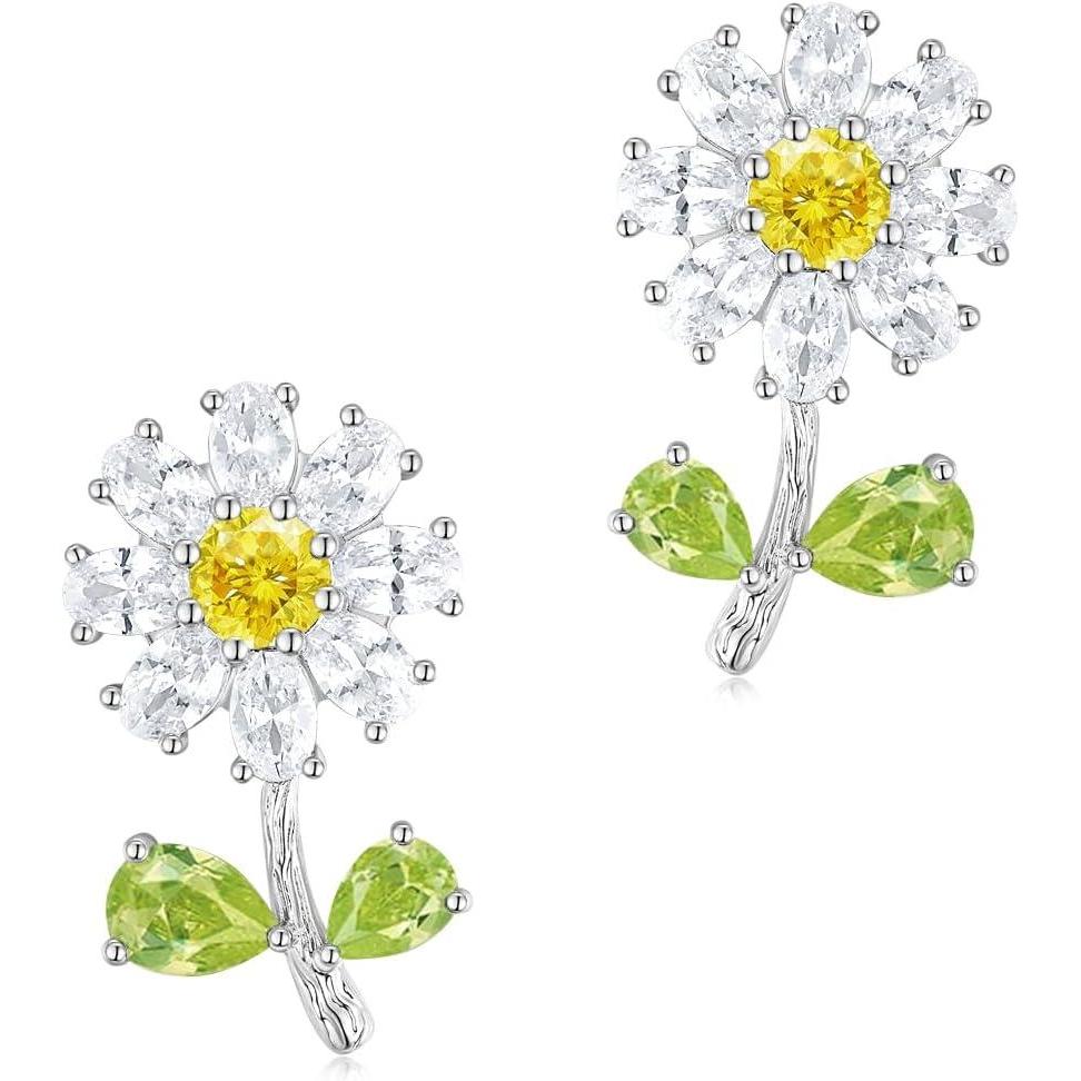 imageTIGRADE Women Stud Earrings Daisy Flower Cubic Zirconia Earrings 925 Sterling Silver Post Hypoallergenic Dainty Earrings