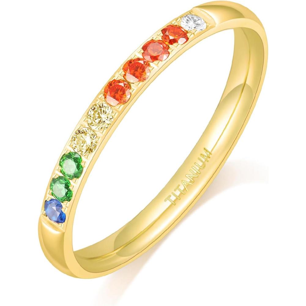 imageTIGRADE Women Titanium Ring Cubic Zirconia Eternity Ring for Her 18K Gold Plated Dome High Polished Wedding Band Comfort Fit Size 411Multicolor