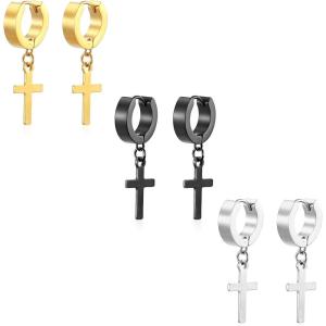 3 Pairs Mens Womens Cross Hoop Earrings Set Stainless Steel Lightweight Dangle Hinged Earrings(Cross Hoop)