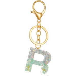 Gold Initial Letter Keychains for Women Lake Green Cute Bag Charm for Purse Handbags Keyring Accessories Gifts(Lake Green R)