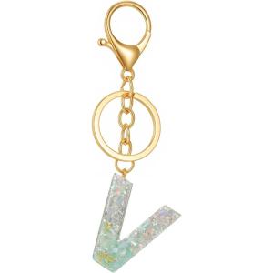 Gold Initial Letter Keychains for Women Lake Green Cute Bag Charm for Purse Handbags Keyring Accessories Gifts(Lake Green V)