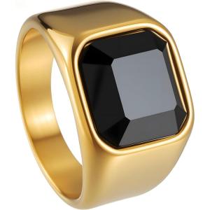 Mens Signet Rings Square Pinky Ring for Men Women Stainless Steel Plain Ring, Gift for Dad Friends(14mm Gemstone Gold)