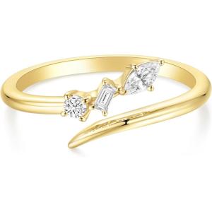 TIGRADE 14k Gold Plated Open Rings Dainty Baguette Marquise Round Cubic Zirconia Stackable Ring for Women Size 4-12