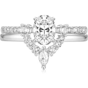 TIGRADE 1.5CT Bridal Ring Sets Oval Cut Cubic Zirconia Wedding Band Curved CZ Engagement Stackable Rings for Women Size 3-12(Silver)