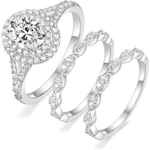 TIGRADE 1.5CT Bridal Ring Sets Oval Cut Cubic Zirconia Wedding Band Halo CZ Engagement for Women Size 3.5-12(Silver)