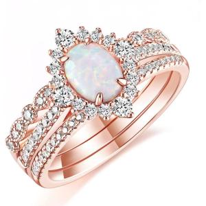 TIGRADE 1.5CT Oval Opal Bridal Ring Sets 3Pcs Rose Gold Stackable Rings Cubic Zirconia Engagement Halo CZ Wedding Band for Women Size 3-12