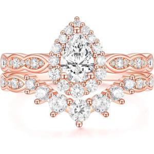 TIGRADE 1CT Bridal Ring Sets Teardrop Wedding Band Vintage Pear Cubic Zirconia Engagement Ring Halo CZ Promise Ring Gift for Women Size 3-12.5(Rose Gold)