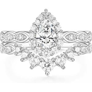 TIGRADE 1CT Bridal Ring Sets Teardrop Wedding Band Vintage Pear Cubic Zirconia Engagement Ring Halo CZ Promise Ring Gift for Women Size 3-12.5(Silver)