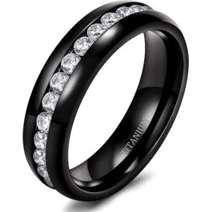 TIGRADE 2.5mm 4mm 5mm 6mm Titanium Ring Cubic Zirconia Engagement Ring Wedding Band Size 3 to 13.5(Black)