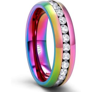 TIGRADE 2.5mm 4mm 5mm 6mm Titanium Ring Cubic Zirconia Engagement Ring Wedding Band Size 3 to 13.5(Rainbow)