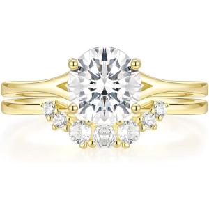 TIGRADE 2CT Cubic Zirconia Wedding Band for Women 14K Gold Plated CZ Promise Ring Curved Round Shaped Bridal Ring Sets Size 3-12(Gold)