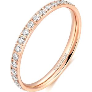TIGRADE 2mm Women Titanium Eternity Ring Cubic Zirconia Anniversary Wedding Engagement Band Size 3-13.5(Rose Gold)