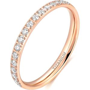 TIGRADE 2mm Women Titanium Eternity Ring Cubic Zirconia Anniversary Wedding Engagement Band Size 3-13.5(Rose Gold-half eternity)