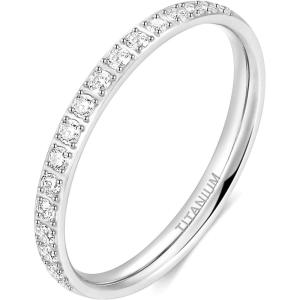 TIGRADE 2mm Women Titanium Eternity Ring Cubic Zirconia Anniversary Wedding Engagement Band Size 3-13.5(Silver-half eternity)